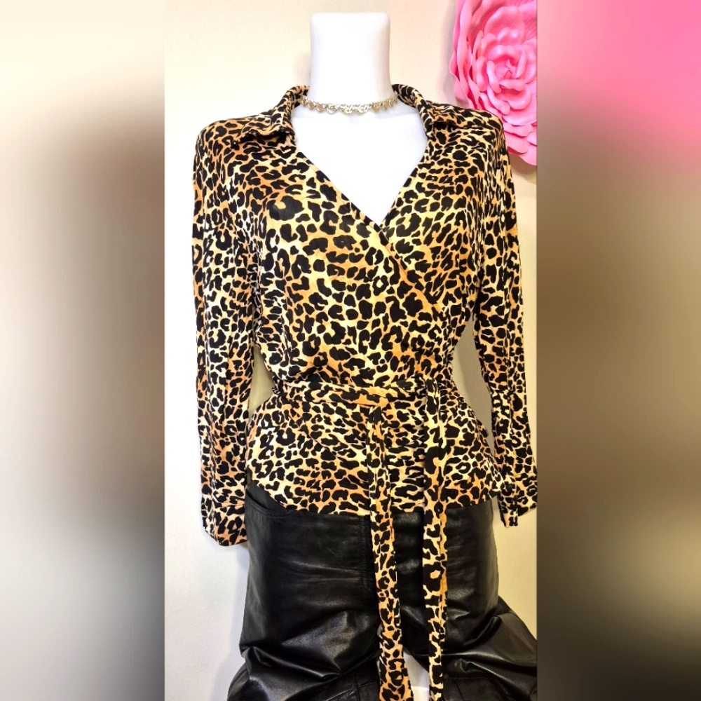 Sexy Wrap Leopard Cheetah Animal Print Top Tie Waist V Neck,Very Flattering Fit